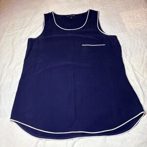 Eileen Fisher Navy Blue 100% Silk Tank Top Contrast Trim Pocket S18GC Small P